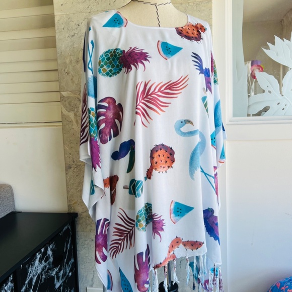 Beach Cover up, Natural Pattern Poncho With Fringe , Swimming Cover Up - Picture 9 of 11